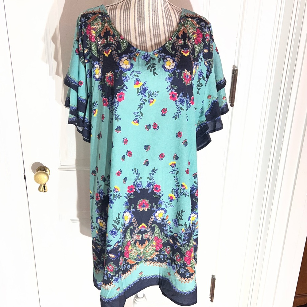 Umgee Teal and Navy Floral Dress medium nwt boho ruffle sleeve colorful D348